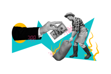 Creative drawing collage picture of hand investor pay money farming business agriculture weird freak bizarre unusual fantasy