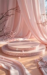 Pastel Dreams of Soft Petals: A serene studio setting. The scene is composed of a pale pink stage, adorned with soft, flowing drapery, and delicate cherry blossom branches.