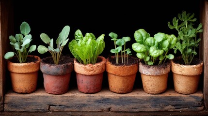 Small terracotta pots with young herbs on rustic wooden shelf