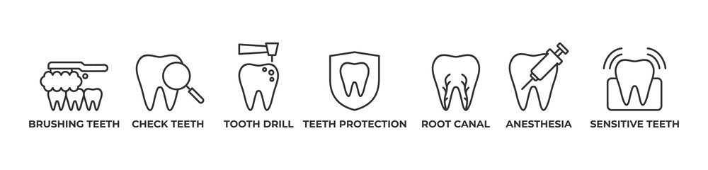 Protecting and Treating Every Tooth Icons set vector illustration outline with Brushing teeth, Check teeth, Tooth drill, Teeth protection, Root canal, Anesthesia,  Sensitive teeth