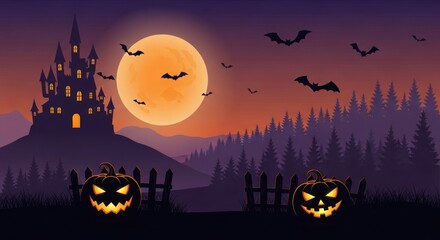 Vector art of spooky halloween night scene with castle, pumpkins, bats and full moon background