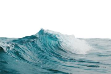 A translucent blue wave curls, cresting over ocean water, a splash of sea foam against a solid black background