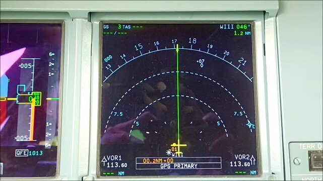 Footage of navigation display (ND) from the cockpit of an aircraft shows the aircraft's current heading