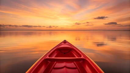 red plastic kayak on calm water in the sunset