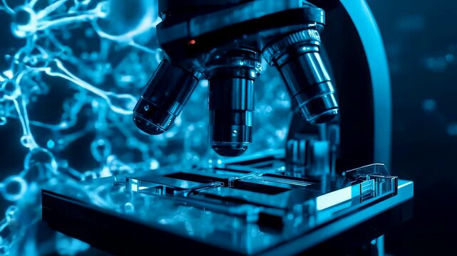 Advanced scientific microscope in laboratory with glowing blue molecular network background highlighting medical research and biotechnology innovation