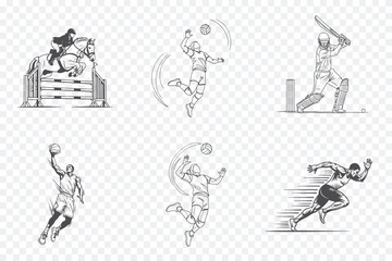 Fototapeta premium Six black-and-white vintage-style illustrations depicting different sports: equestrian, volleyball, cricket, basketball, soccer, and baseball.