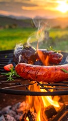 Grilled sausages and vegetables on a campfire