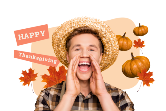Sketch image trend collage of autumn season happy thanksgiving day young guy farmer smile gesture say greeting card pumpkin maple leave
