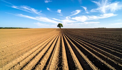 Plowed fields meet a solitary tree under a vibrant sky
