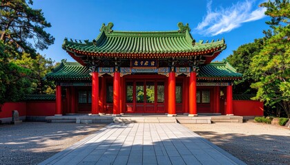 Fototapeta premium Ancient Imperial Palace Complex Featuring Tiered Green Roofs Under Clear Blue Sky Red Columns and Traditional Architecture