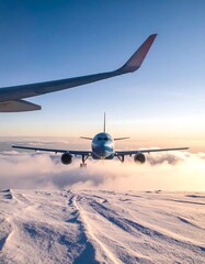 Airplane above snowy landscape at sunrise
