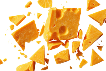 Overhead close-up view of a bright orange cheese block with holes, broken into scattered pieces