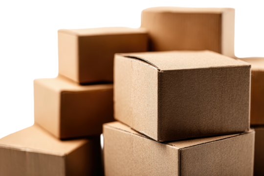Close-up of stacked, different-sized cardboard boxes; simple shapes, brown color, and a neutral background