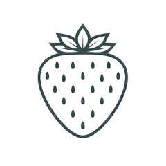 Strawberry fruit icon outline with leaves and seeds; minimalist style design.