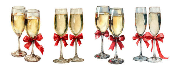 Watercolor set of champagne glasses. Champagne glasses decorated with red bows. Festive Christmas drinks. alcoholic and low-alcohol carbonated drinks. © Narin
