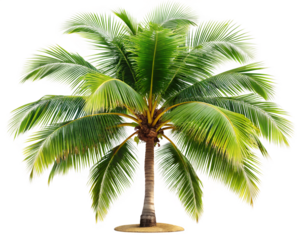A lush green coconut palm tree isolated on a transparent background