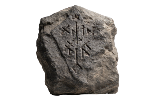 Dark Gray Stone Tablet with Carved Symbols on Transparent Background