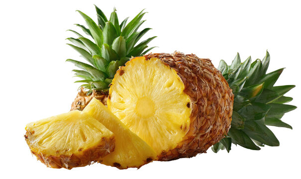 A close-up of cut pineapple with slices, showing yellow flesh and green spiky top