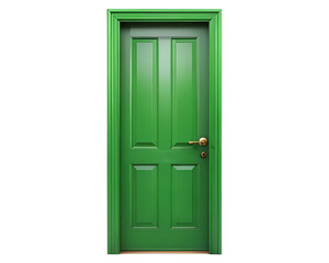 A vibrant green wooden door with a brass doorknob, isolated on transparent background