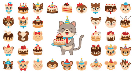 Naklejka premium A delightful collection of cute cartoon animal faces and festive birthday cakes for celebrations.