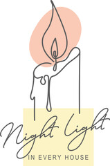 Minimalistic one-line art illustration with a burning candle and an inscription. Hand-drawn style, clear contours, vector design, logo