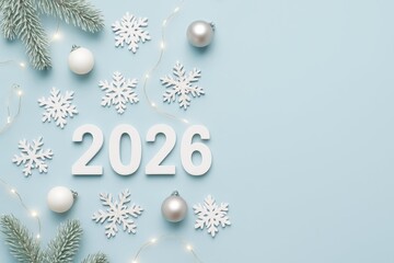 Fototapeta premium A winter wonderland flat lay for New Year 2026 with snowflakes, fir branches, and ornaments on a pastel blue background with sparkling festive lights.