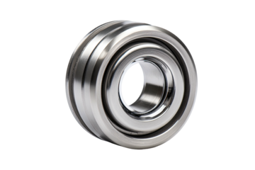 Close-up of a metallic mechanical component. It is spherical with multiple recessed bands