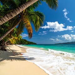 Tropical beach paradise. Lush palm trees fringe a pristine, sandy shore lapped by turquoise waves under a vibrant blue sky