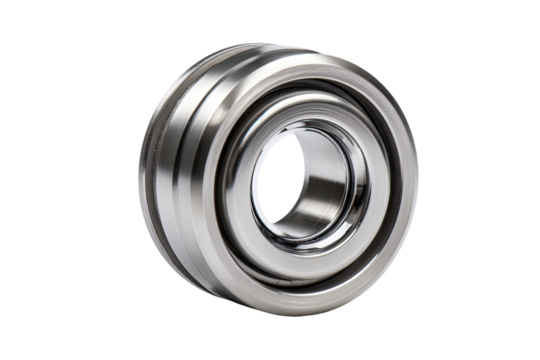 Close-up of a metallic mechanical component. It is spherical with multiple recessed bands