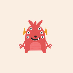Cartoon illustration of a friendly red monster with multiple eyes, small teeth, and yellow ears, standing on a light background.