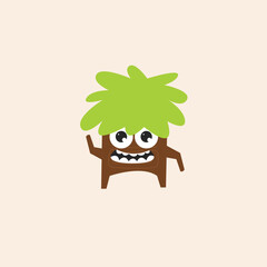 Cartoon illustration of a cute, friendly monster with a brown body, green hair, big eyes, and a toothy smile, waving its arm.