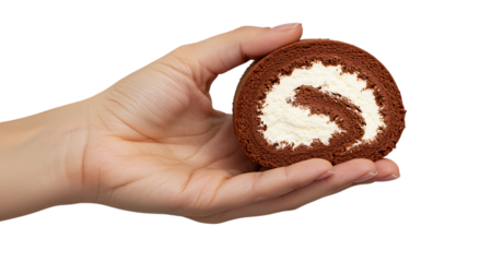 A hand delicately holding a chocolate swiss roll cake on transparent background