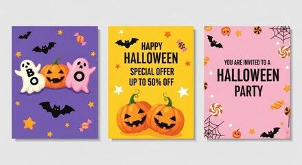 Vector art of cute halloween cards with pumpkins, ghosts and bats for party invitation