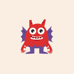 Cartoon illustration of a friendly red monster with purple wings, horns, and feet, smiling with big eyes.