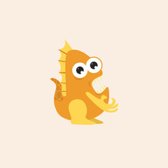 Cartoon illustration of a surprised, orange monster with big eyes, sharp teeth, and small arms.
