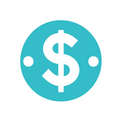 Obraz premium White dollar sign symbol centered on a teal blue circle with two white dots on a white background