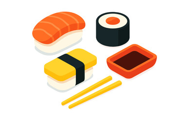 Isometric set of traditional Japanese sushi food including nigiri, maki roll, tamago, soy sauce, and chopsticks © icon_art