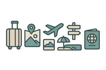 Essential travel and vacation symbols including luggage, map, airplane, and passport