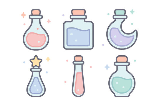 Stylized set of six magical elixir bottles in various shapes and soft pastel colors