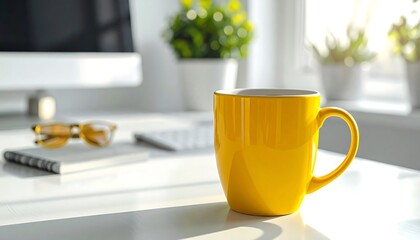 Bright yellow mug on a white desk, office scene