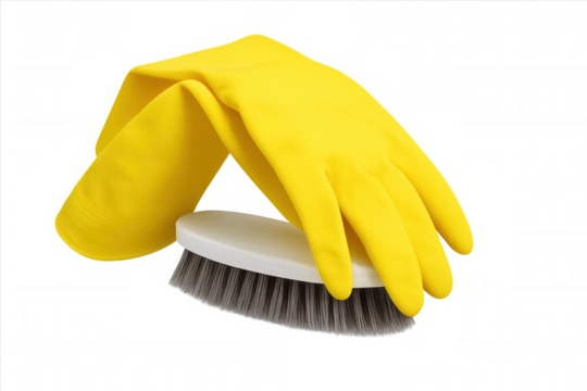 Yellow household rubber cleaning glove resting on a scrub brush, preparing for domestic chores and hygiene tasks, transparent background