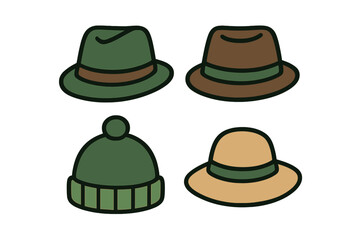 Collection of various headwear items including fedora hats, knit beanie, and sun hat