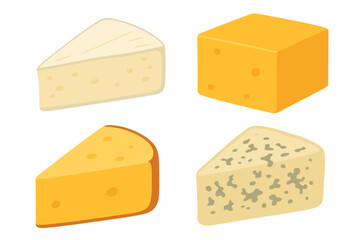 Assortment of various cheese types including cheddar brie and blue cheese isolated on white