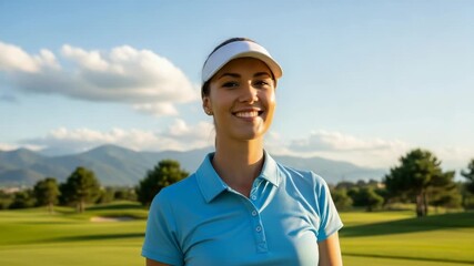 Smiling female golfer on green course in sunny day. Female golfer posing with confident smile on golf course, with trees and hills in background. Commercial concept female golfer for golf lessons,