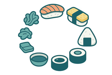 Traditional Japanese sushi, maki rolls, onigiri, and condiments arranged in a circular layout © icon_art