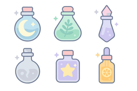Collection of colorful fantasy elixir bottles containing magic, herbs, and celestial symbols