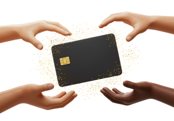 Hands holding a black card with golden dust isolated on transparent background