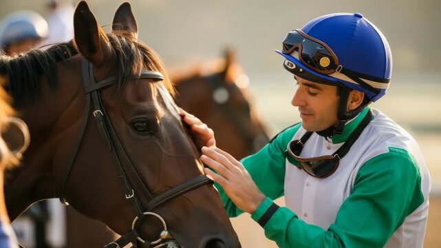 Horse racing camaraderie between jockey and horse at dawn on racetrack. Horse racing connection shown through gentle touch and mutual respect, capturing spirit.