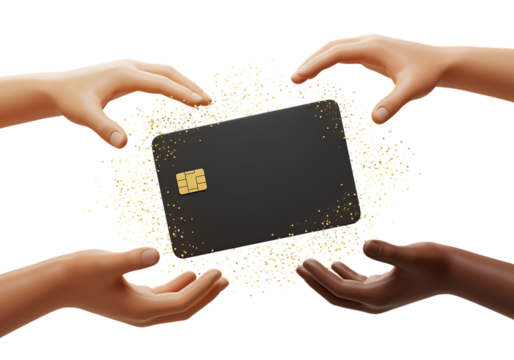 Hands holding a black card with golden dust isolated on transparent background