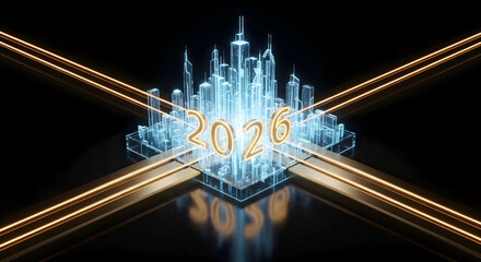 Futuristic Cityscape with Golden 2026 Numbers